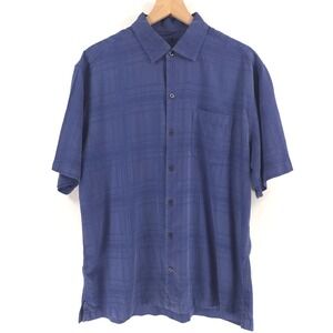 Tommy Bahama Mens Silk Shirt Large Blue‎ Tonal Grid Textured Short Sleeve Button
